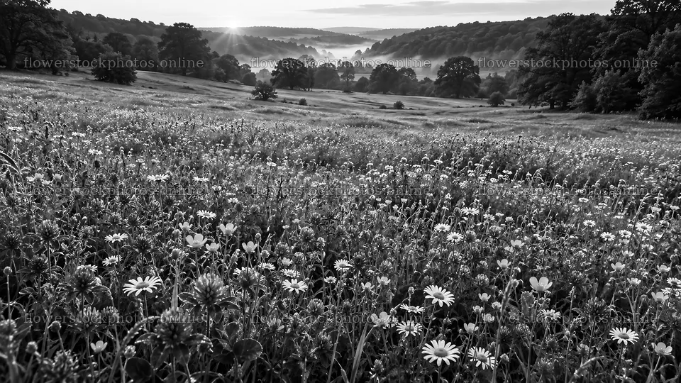 Wooded Hills Above a Wildflower Meadow – flower stock photos 10324x5812