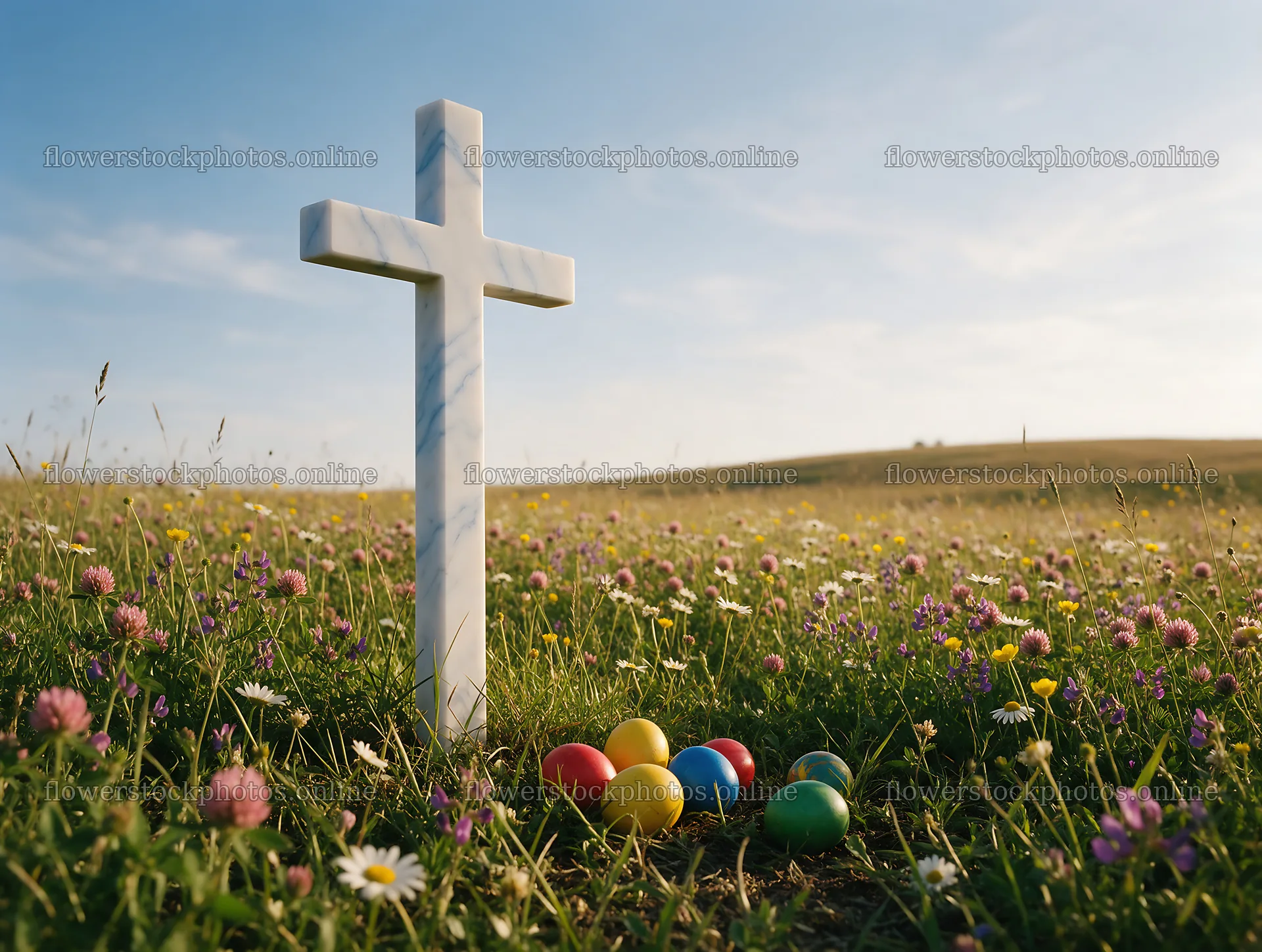 Marble Christian cross in a meadow with colorful eggs – flower stock photos 9134x6898