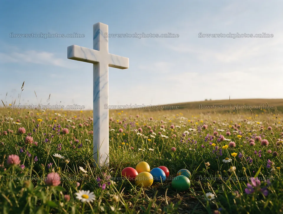 Marble Christian cross in a meadow with colorful eggs – flower stock photos 9134x6898