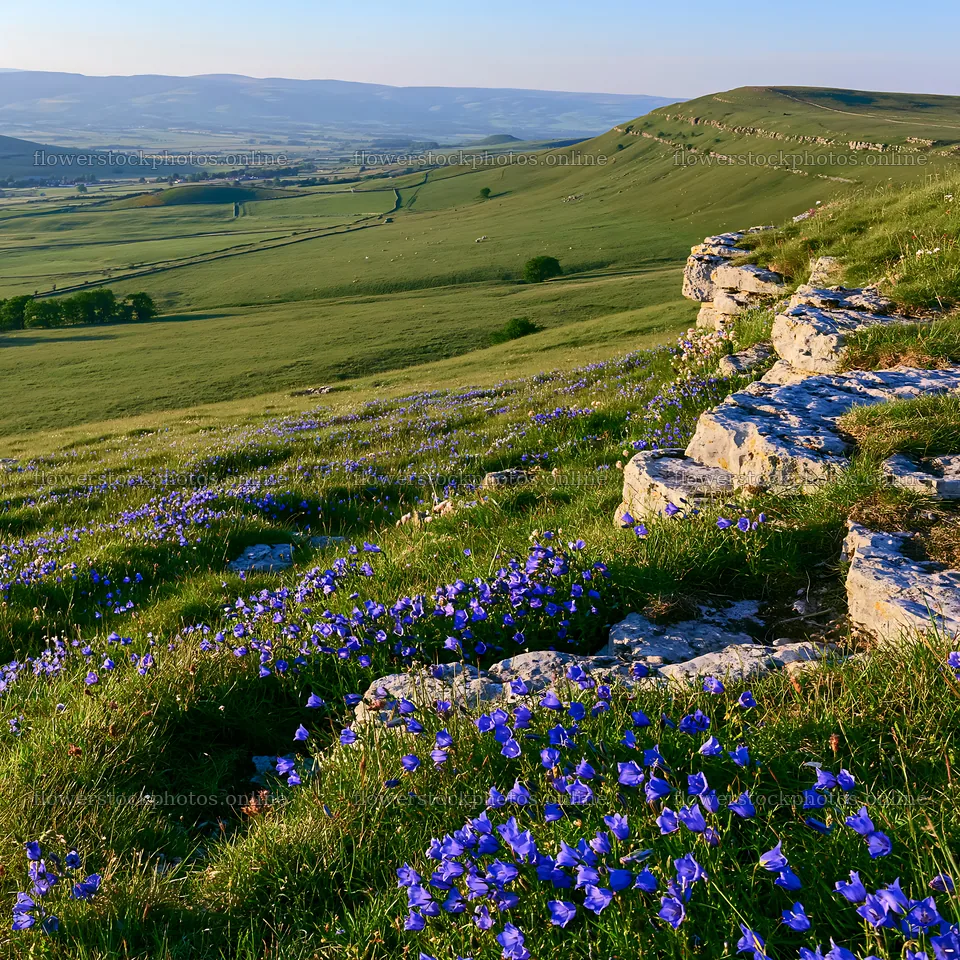 Sunny meadow with limestone escarpment and wildflowers – flower stock photos 7938x7938