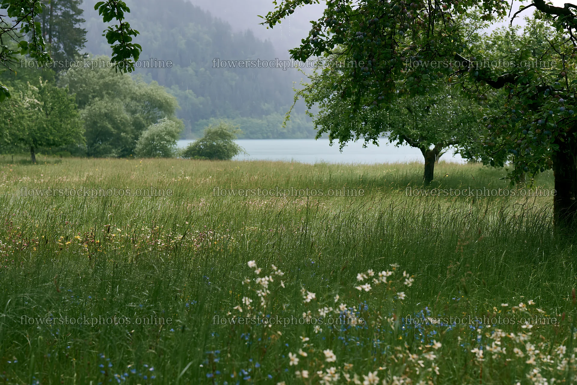 Lakeside orchard meadow with tall grass and trees – flower stock photos 9722x6480