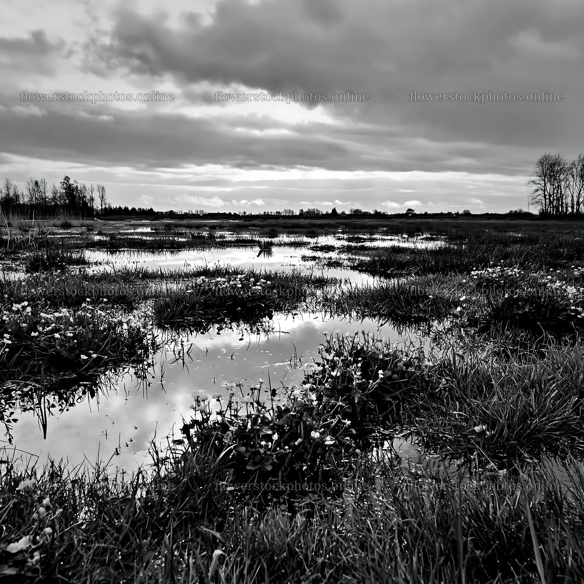 Regenerative meadow with water reflection in black and white – flower stock photos 7938x7938