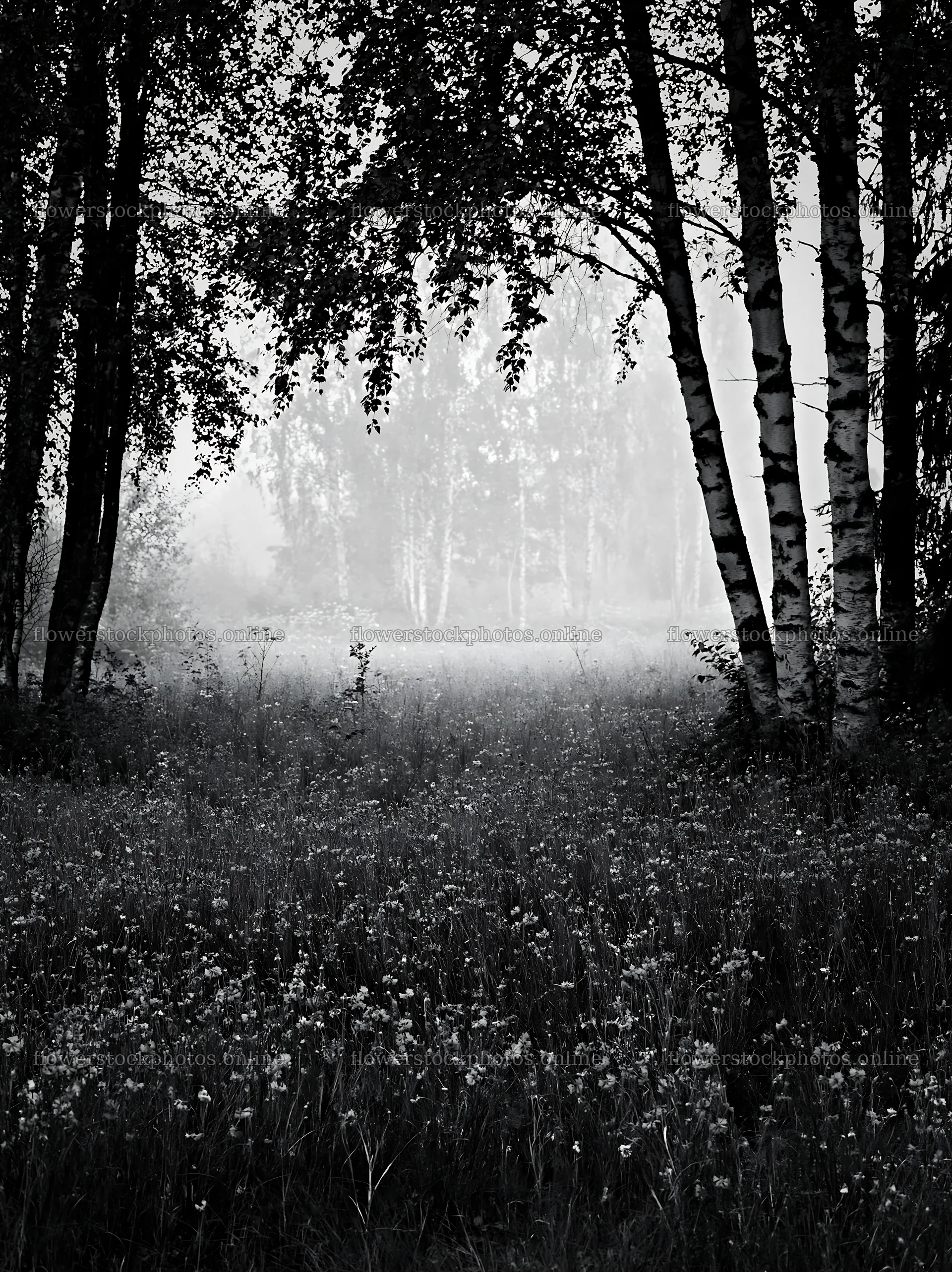 Misty forest meadow with blue flowers among the trees – flower stock photos 6866x9174