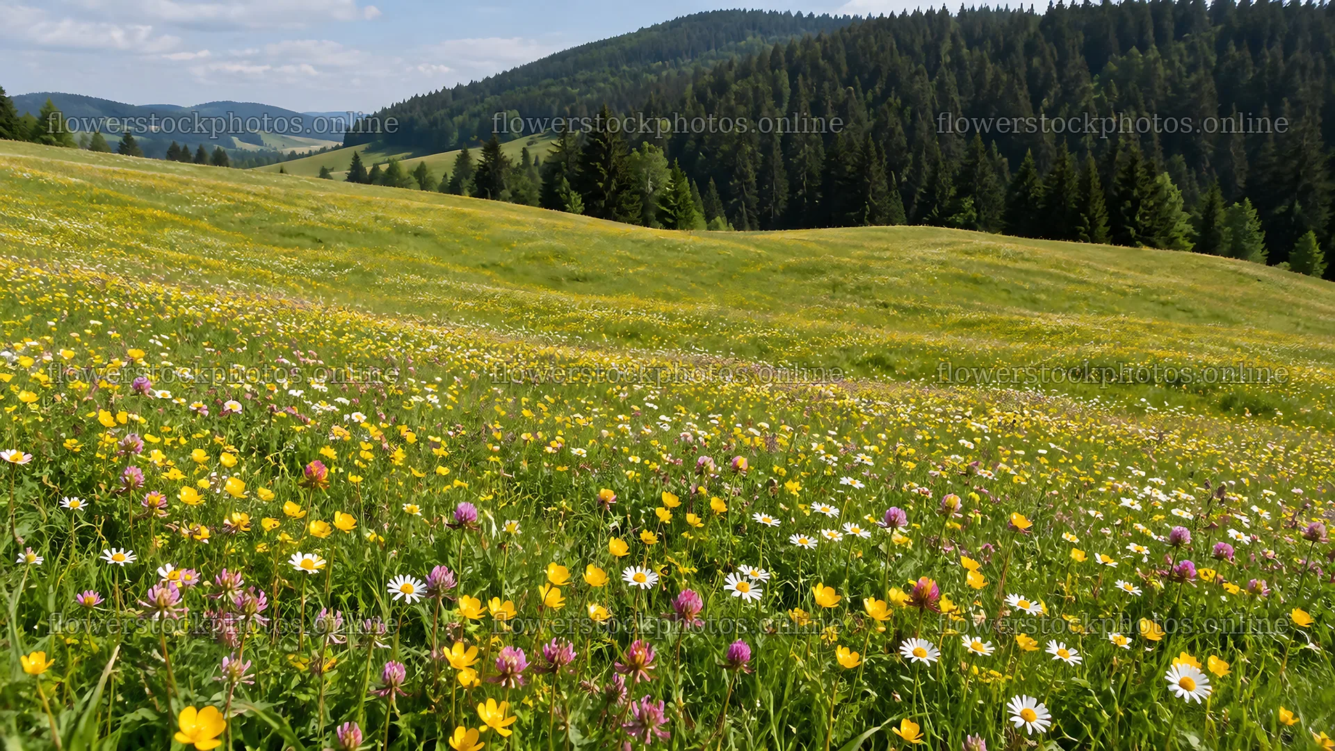 Wildflower Meadow Below a Dense Evergreen Forest – flower stock photos 10324x5812