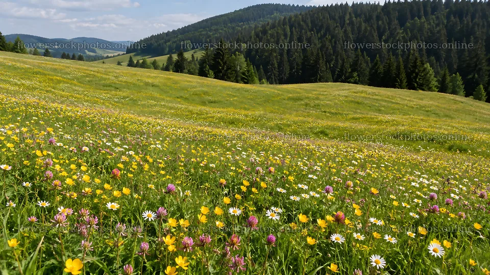 Wildflower Meadow Below a Dense Evergreen Forest – flower stock photos 10324x5812