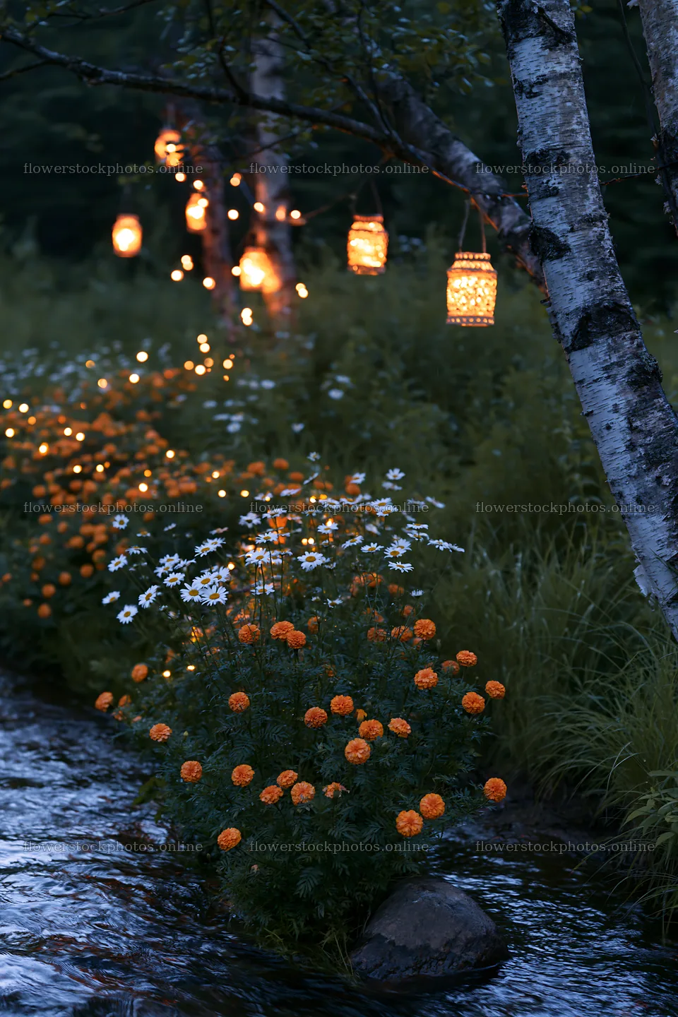 Christmas lights beside stream in meadow at dusk – flower stock photos 6480x9722