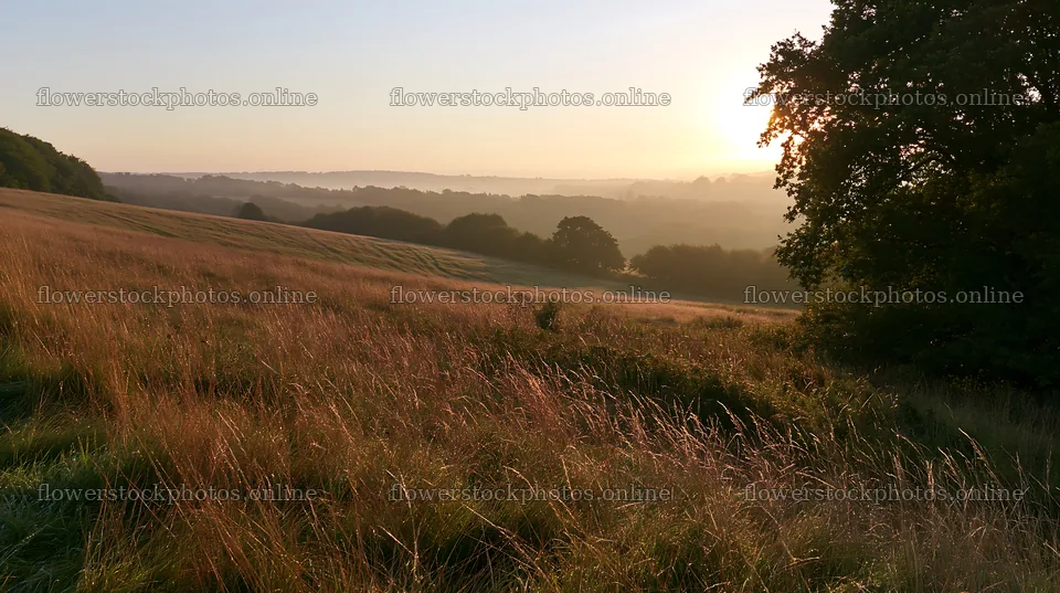 Dew on meadow grass at sunrise with distant hills – flower stock photos 10608x5938