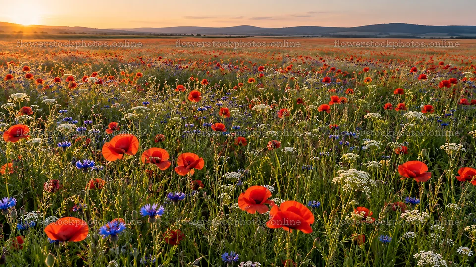 Wildflower Meadow in Low Golden Light – flower stock photos 10324x5812