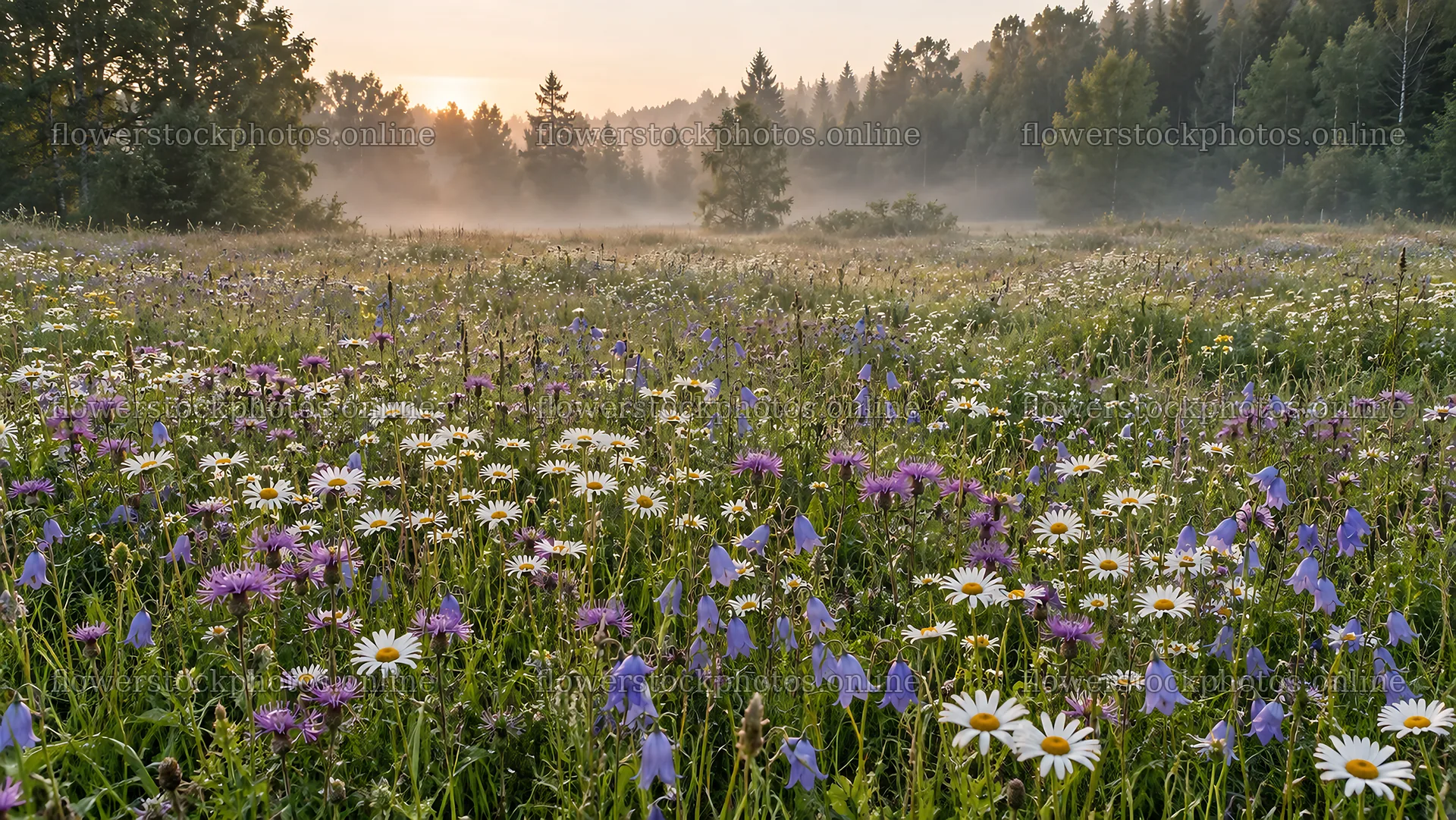 Wildflower Meadow in Morning Mist at Sunrise – flower stock photos 10324x5812