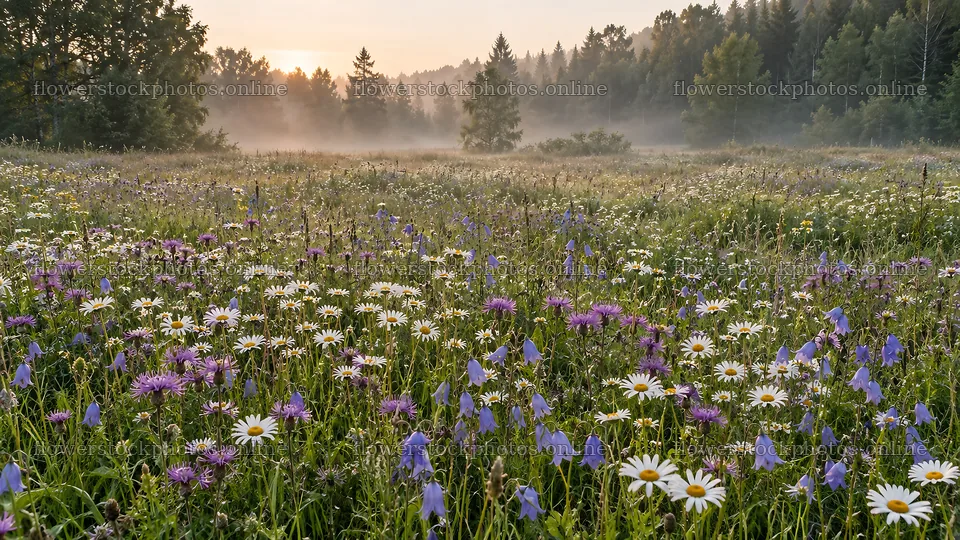 Wildflower Meadow in Morning Mist at Sunrise – flower stock photos 10324x5812