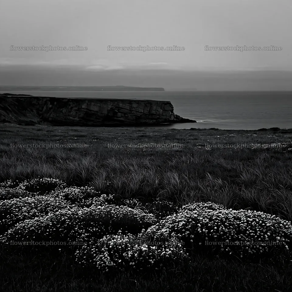 Coastal meadow with flowers and cliffs under a cloudy sky – flower stock photos 7938x7938