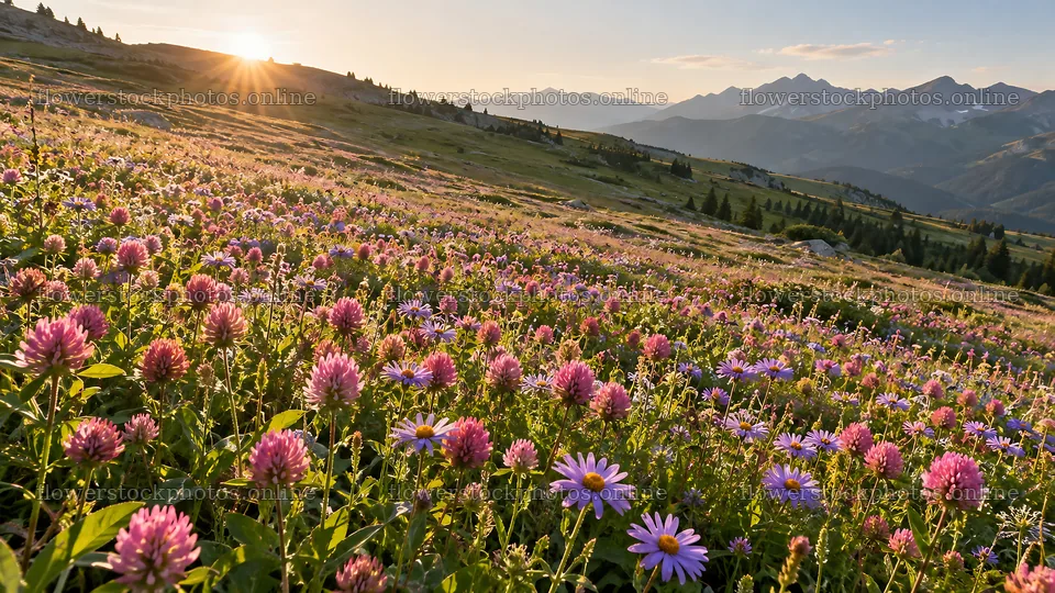Wildflower Meadow Beneath Mountain Peaks – flower stock photos 10324x5812