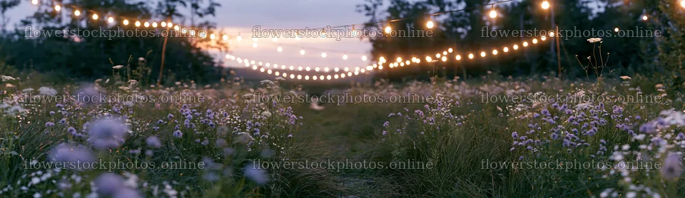 Christmas lights above stream in meadow at dusk – flower stock photos 14762x4268