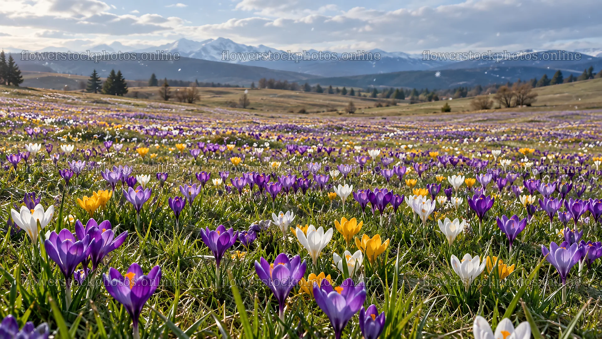 Spring Bulbs Across a Mountain Meadow – flower stock photos 10324x5812