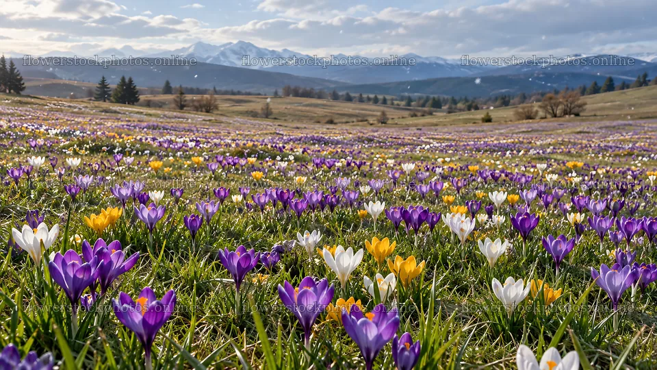 Spring Bulbs Across a Mountain Meadow – flower stock photos 10324x5812