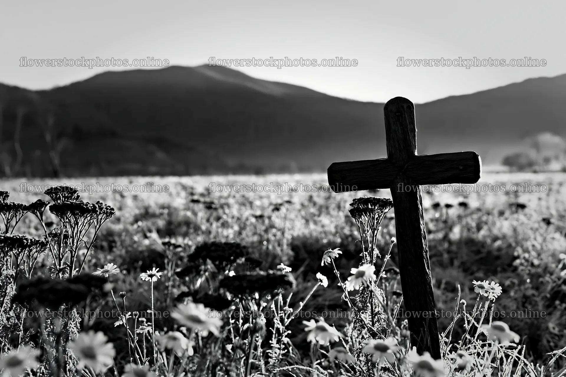Handcrafted Christian cross in a meadow with mountains in background – flower stock photos 9722x6480
