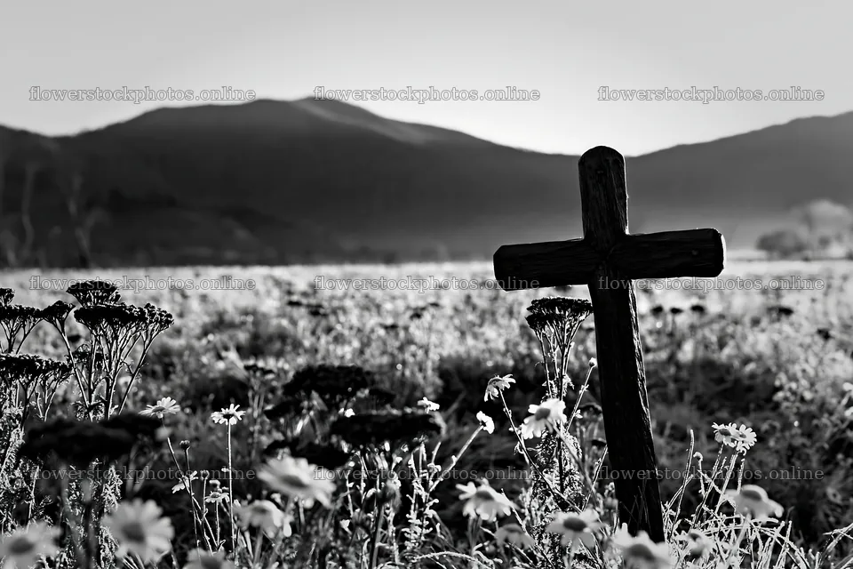 Handcrafted Christian cross in a meadow with mountains in background – flower stock photos 9722x6480