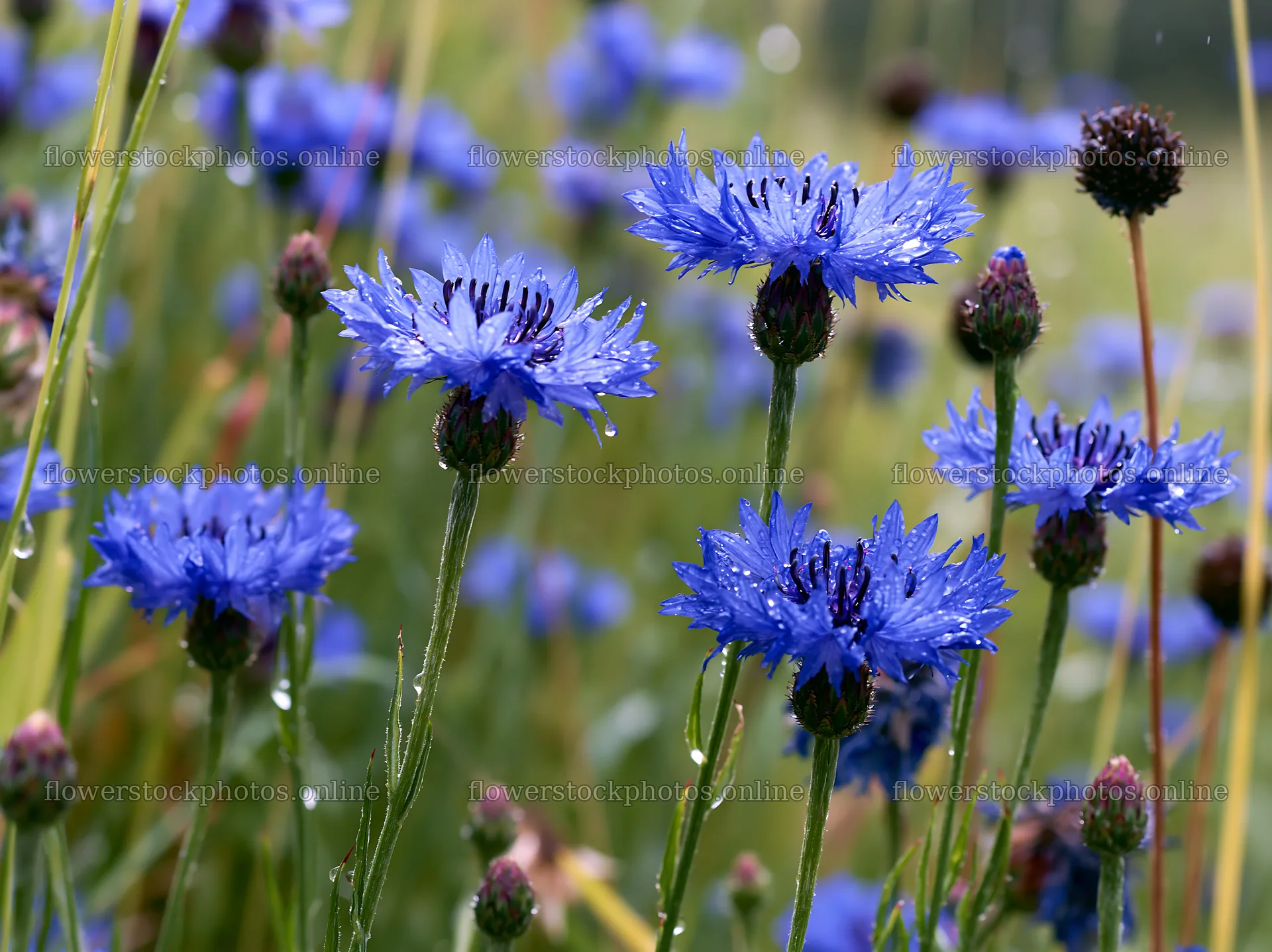 Rainy valley meadow filled with blue flowers – flower stock photos 9174x6866