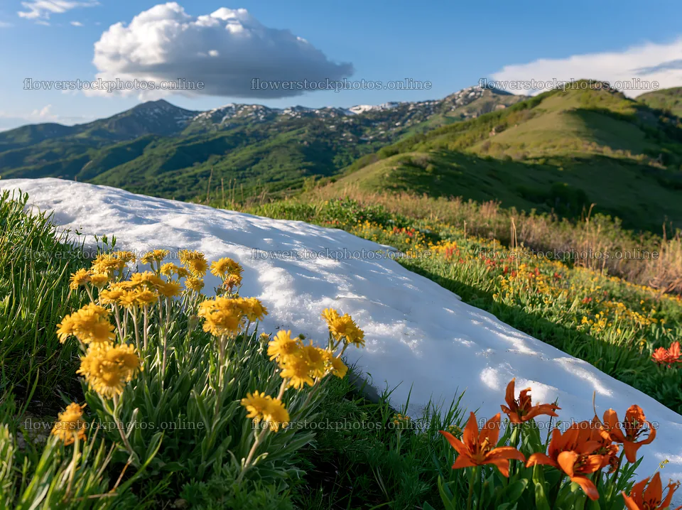 Snowy foothill meadow with flowers in spring – flower stock photos 9174x6866