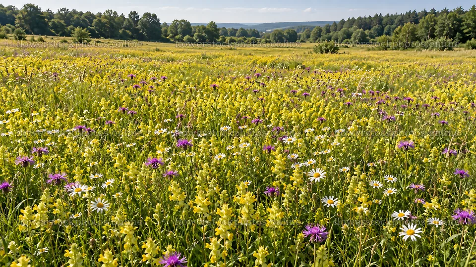 Sunlit wildflower meadow at a forest edge – flower stock photos 10324x5812