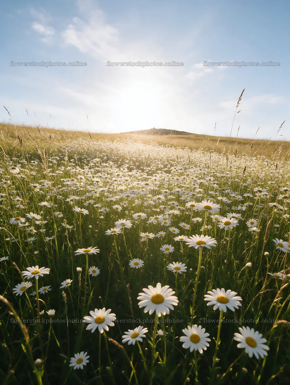 Sunny chalk meadow filled with daisies and greenery – flower stock photos 6898x9134