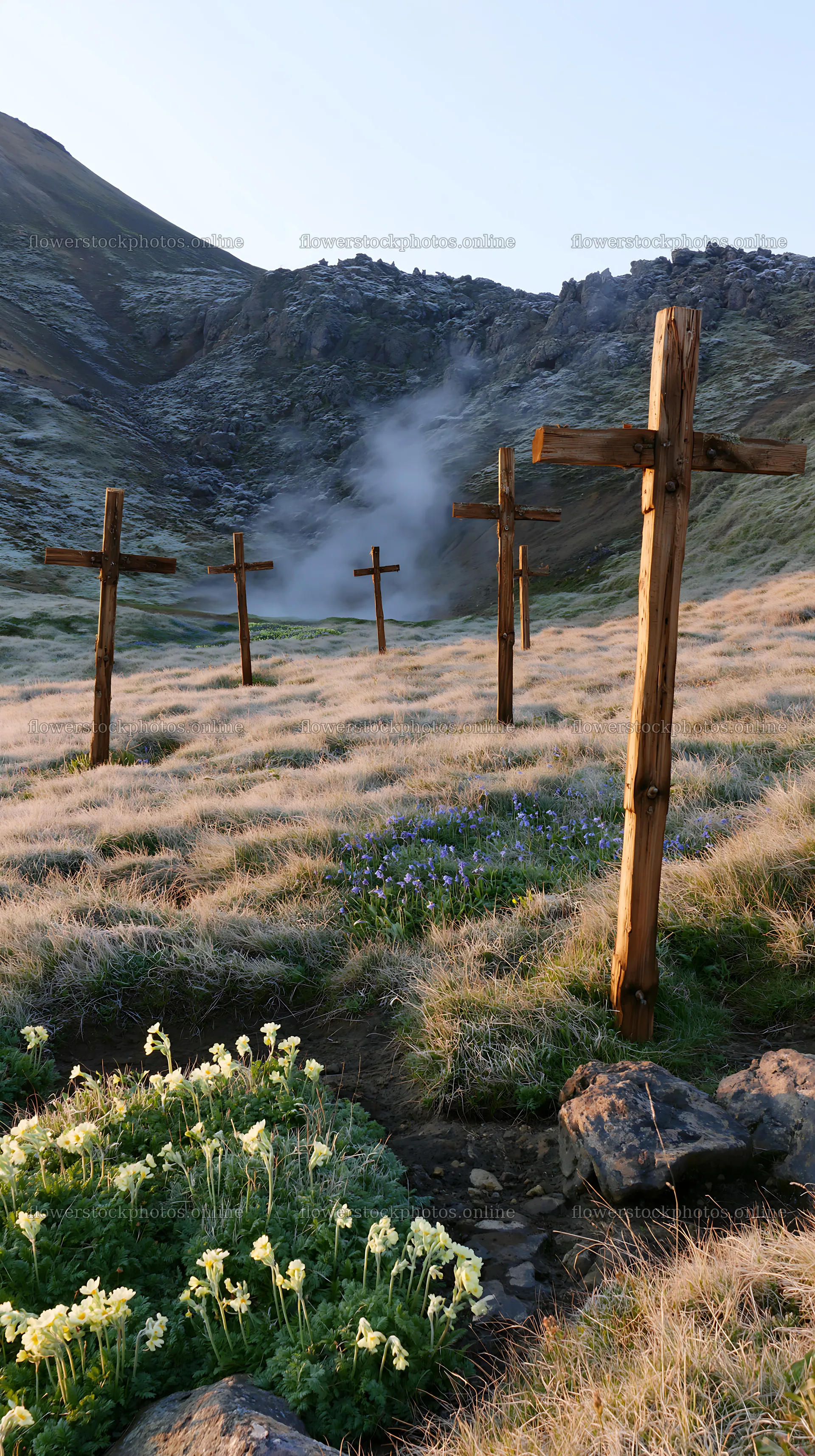 Christian crosses in geothermal spring meadow – flower stock photos 5938x10608