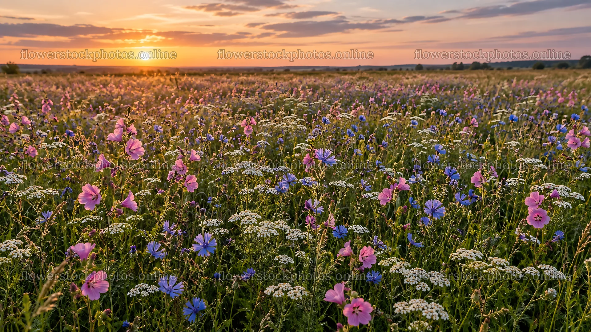 Colorful Wildflower Meadow at Sunset – flower stock photos 10324x5812
