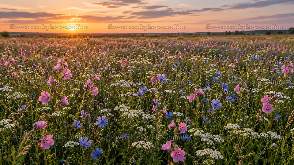 Colorful Wildflower Meadow at Sunset – flower stock photos 10324x5812