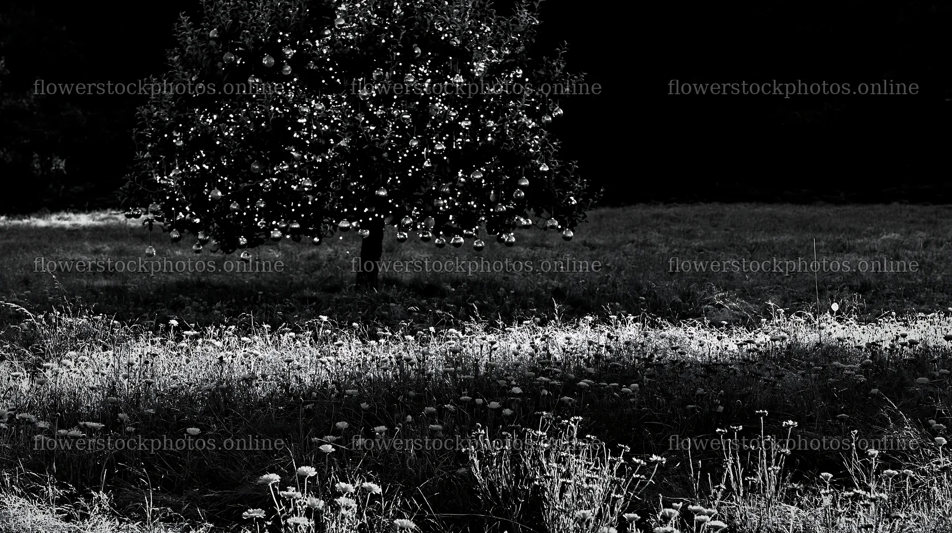 Frosty meadow with apple tree and ornaments during winter – flower stock photos 10608x5938