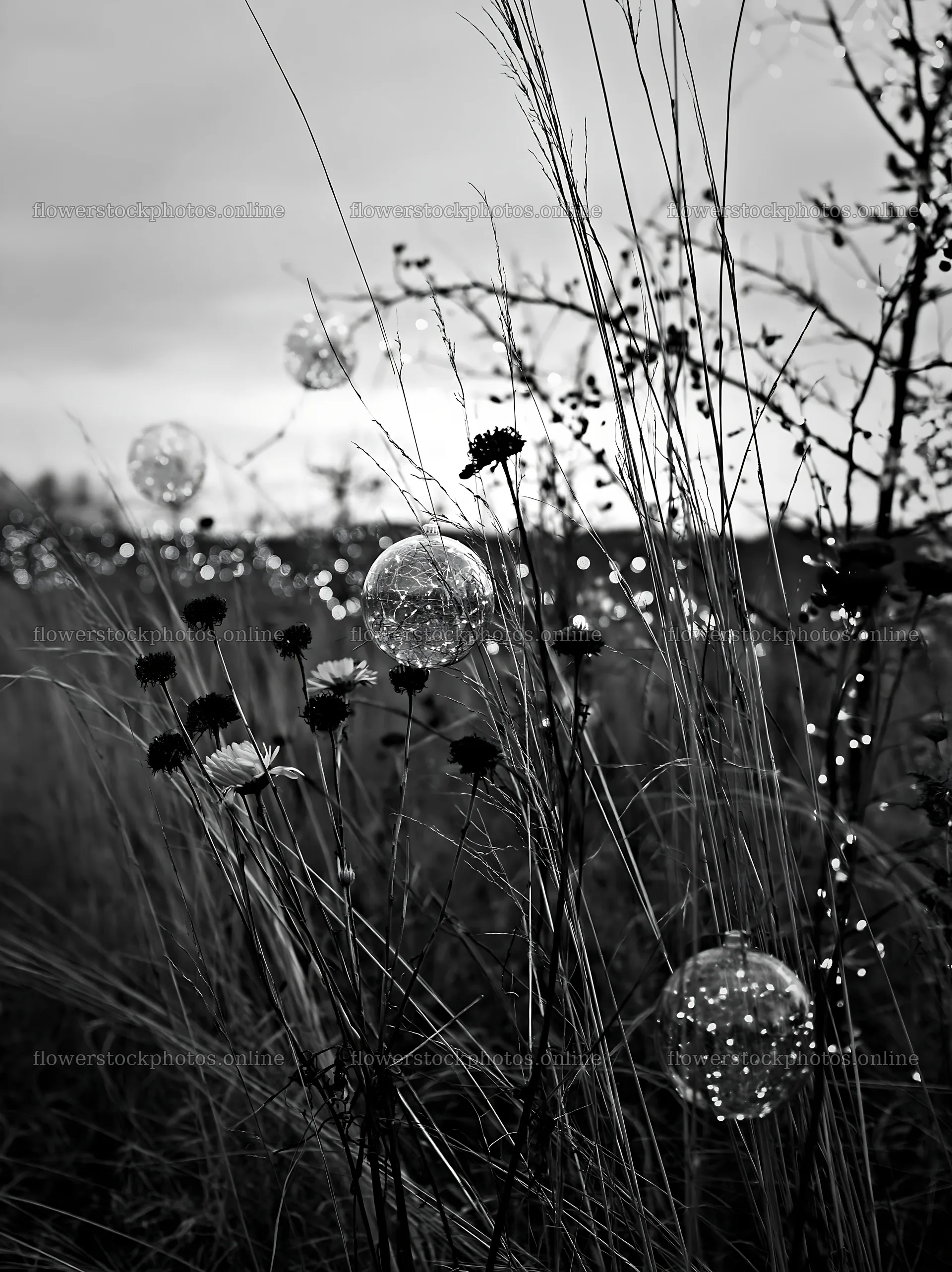 Open Christmas meadow with winter grasses and baubles – flower stock photos 6866x9174