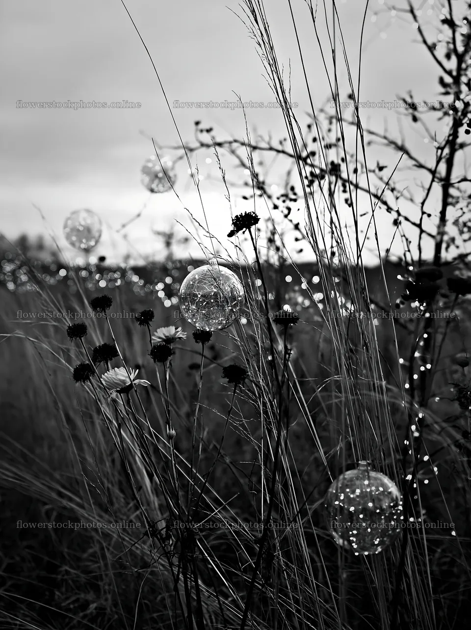 Open Christmas meadow with winter grasses and baubles – flower stock photos 6866x9174