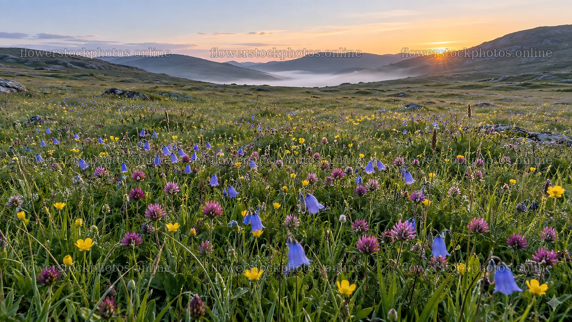 Wildflower Meadow at Sunrise Above a Misty Valley – flower stock photos 10324x5812