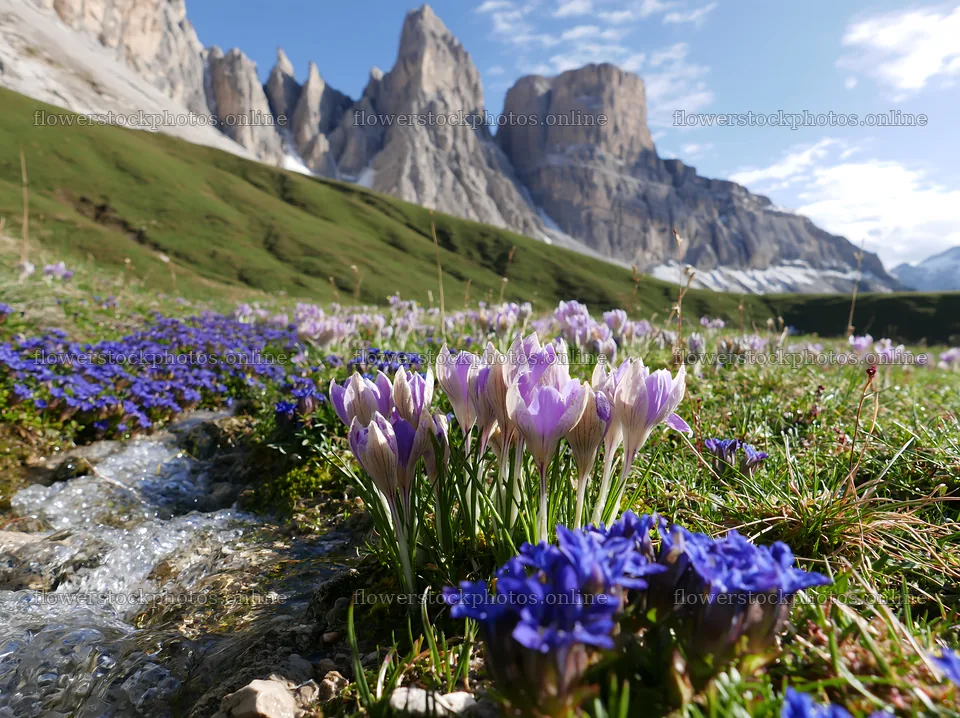 Spring meadow with flowers and mountains in the background – flower stock photos 9174x6866