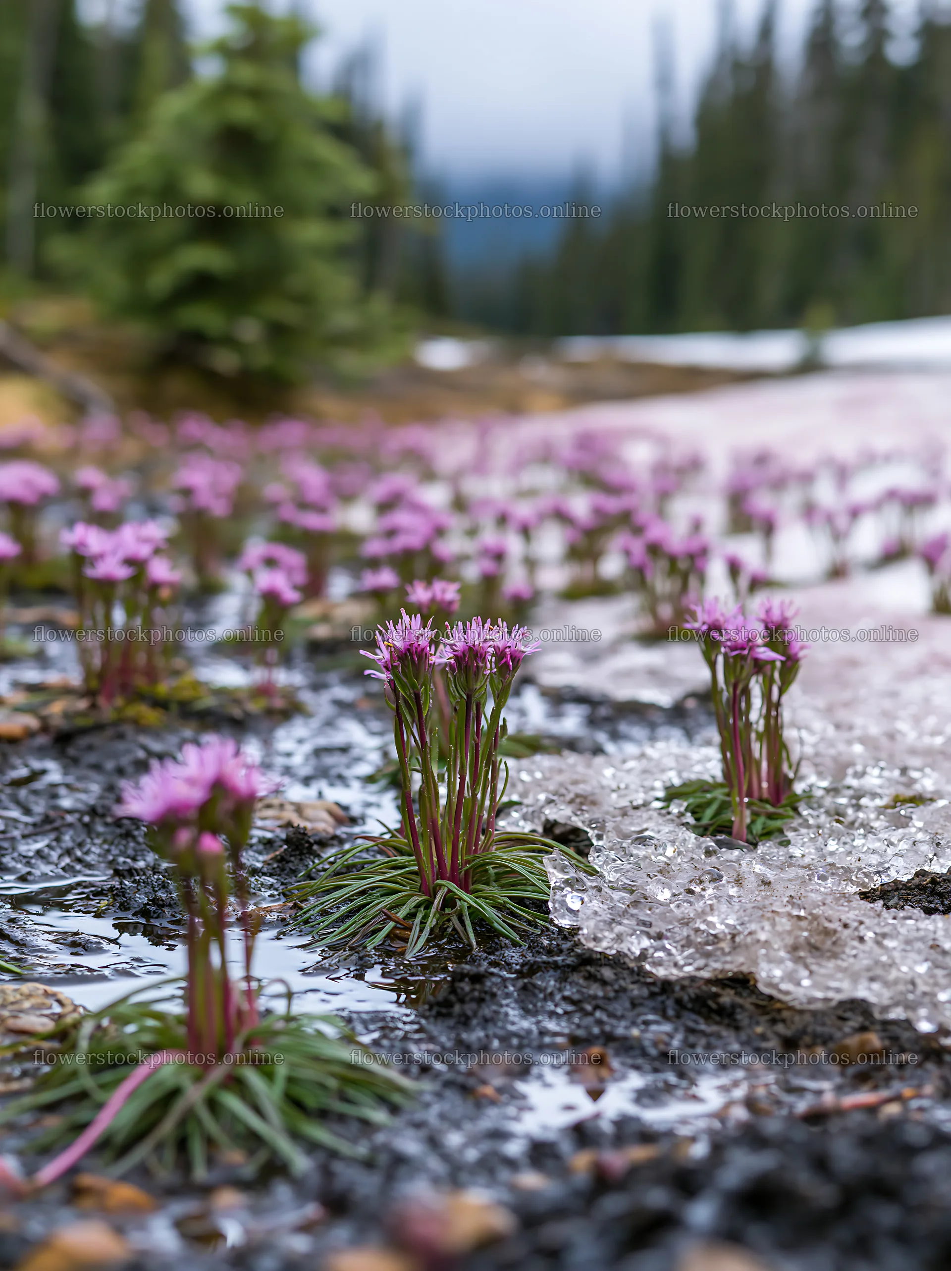 Snowmelt meadow with blooming flowers in a natural setting – flower stock photos 6866x9174