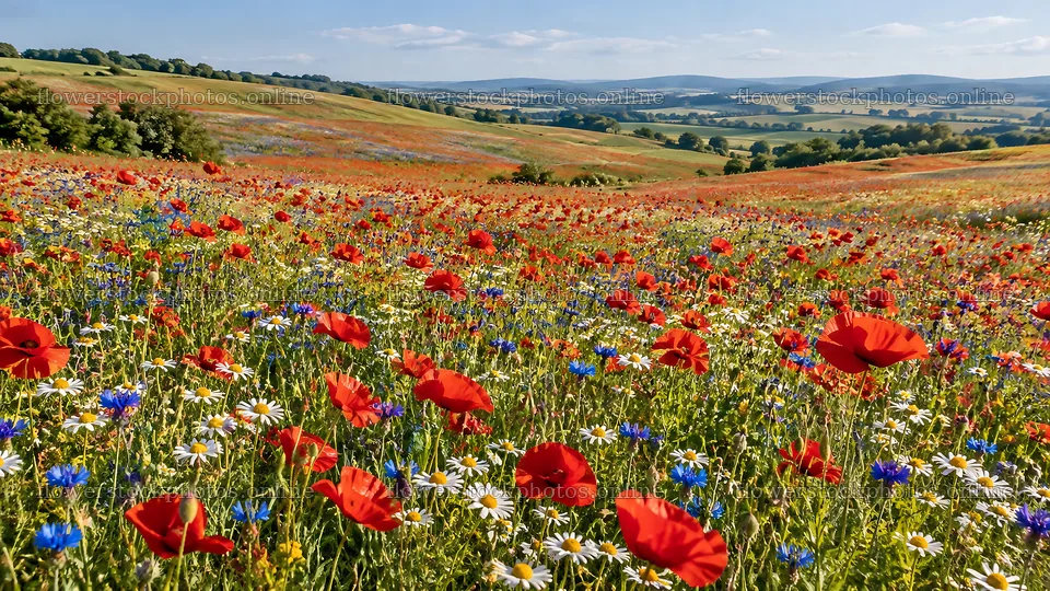 Flowering Meadow Across Rolling Hills – flower stock photos 10324x5812
