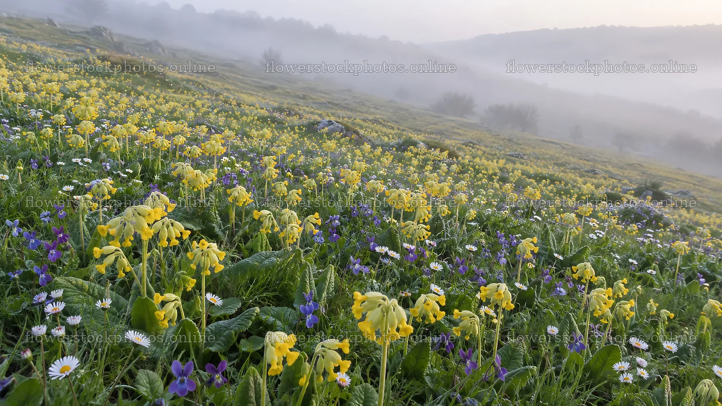Wildflower Meadow in Morning Mist – flower stock photos 10324x5812