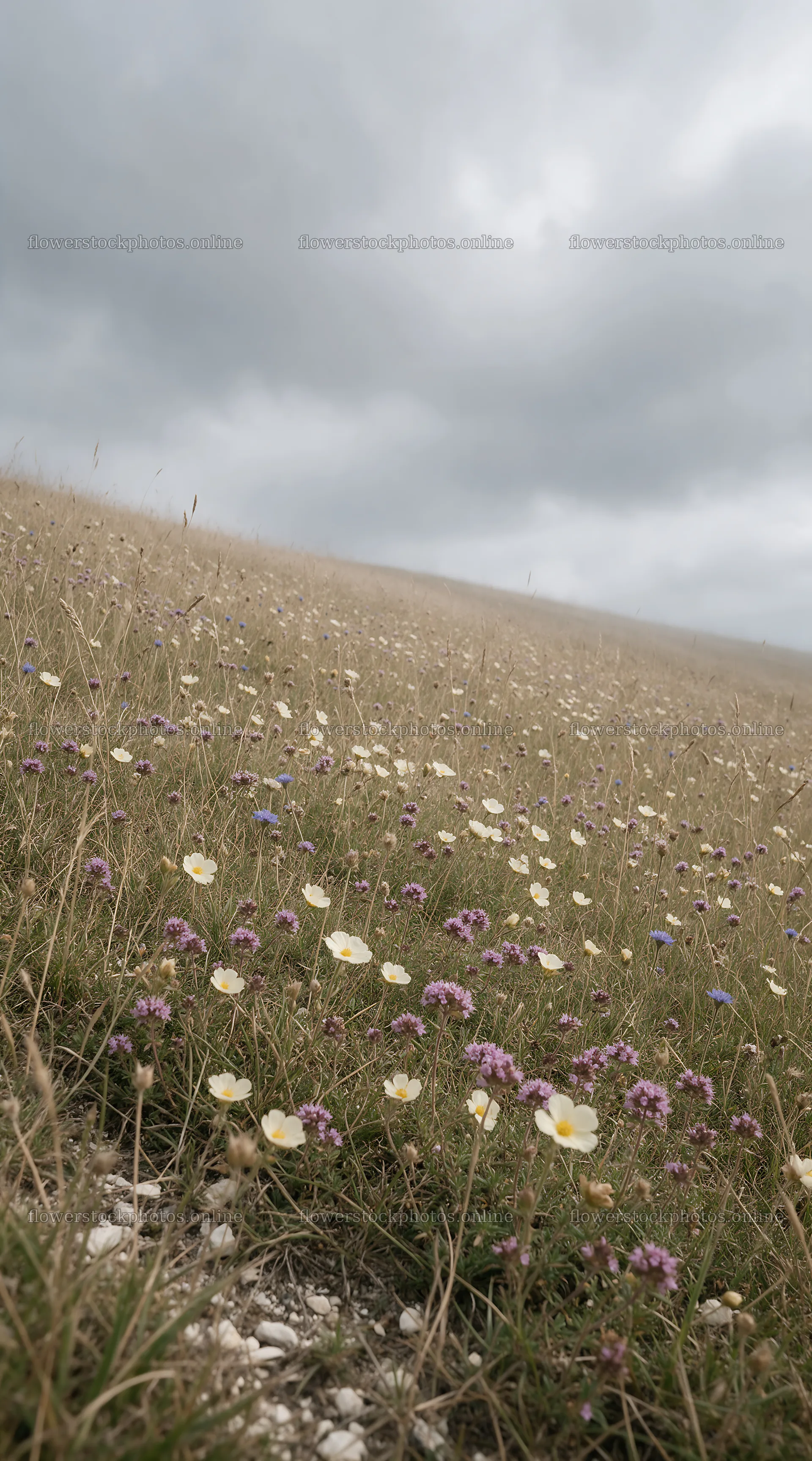Cloudy dry flower meadow with overcast sky – flower stock photos 5916x10648
