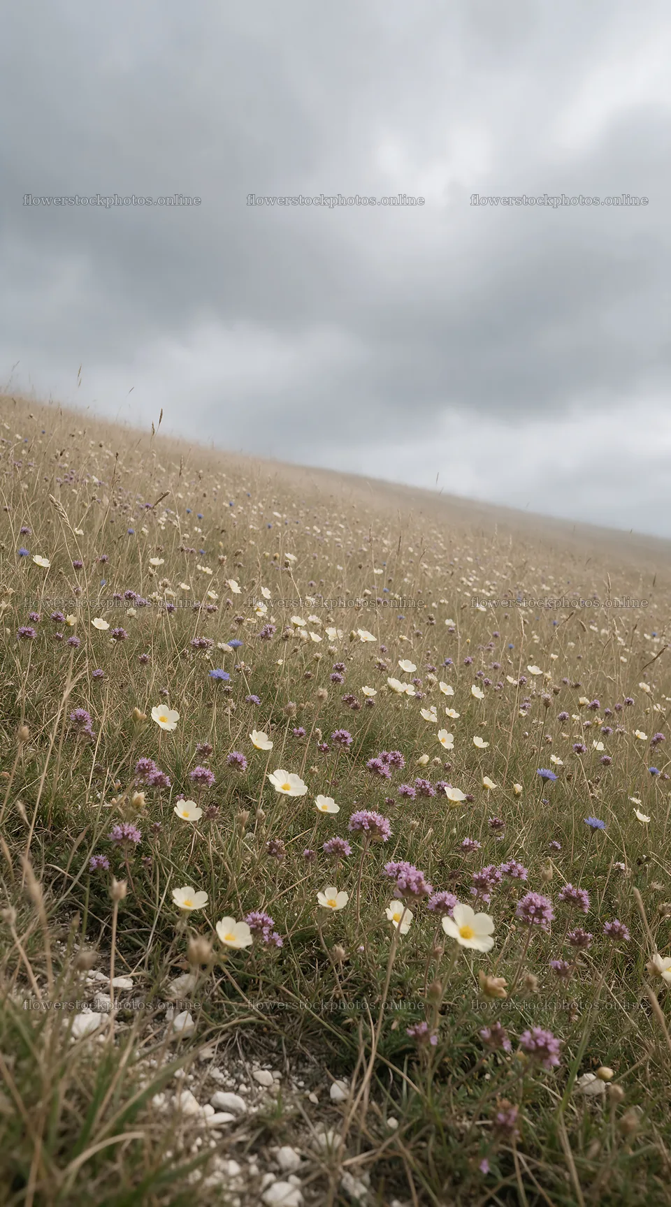 Cloudy dry flower meadow with overcast sky – flower stock photos 5916x10648