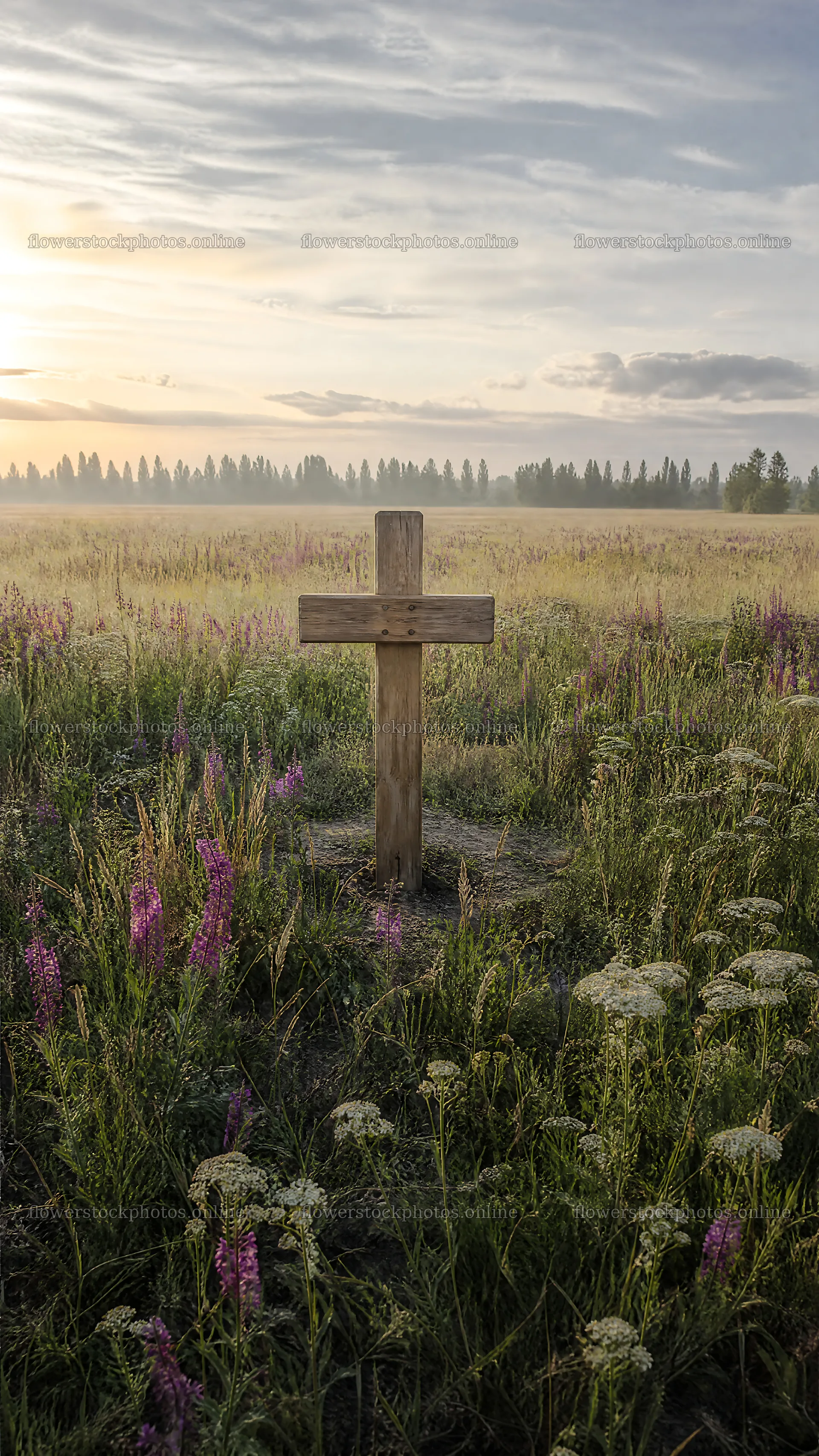 Wooden Christian cross in meadow at sunrise – flower stock photos 5952x10584