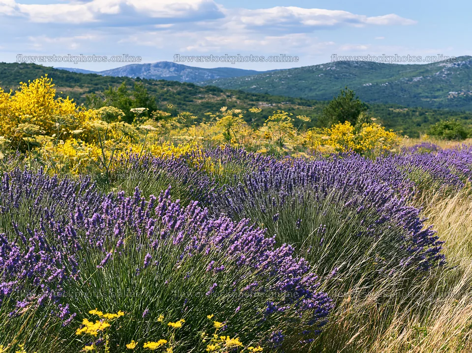 Colorful lavender meadow with distant hills and sunny skies – flower stock photos 9174x6866