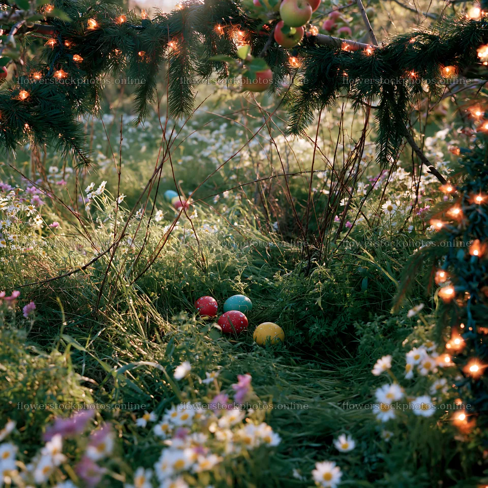 Christmas meadow with apple trees and garlands – flower stock photos 7938x7938