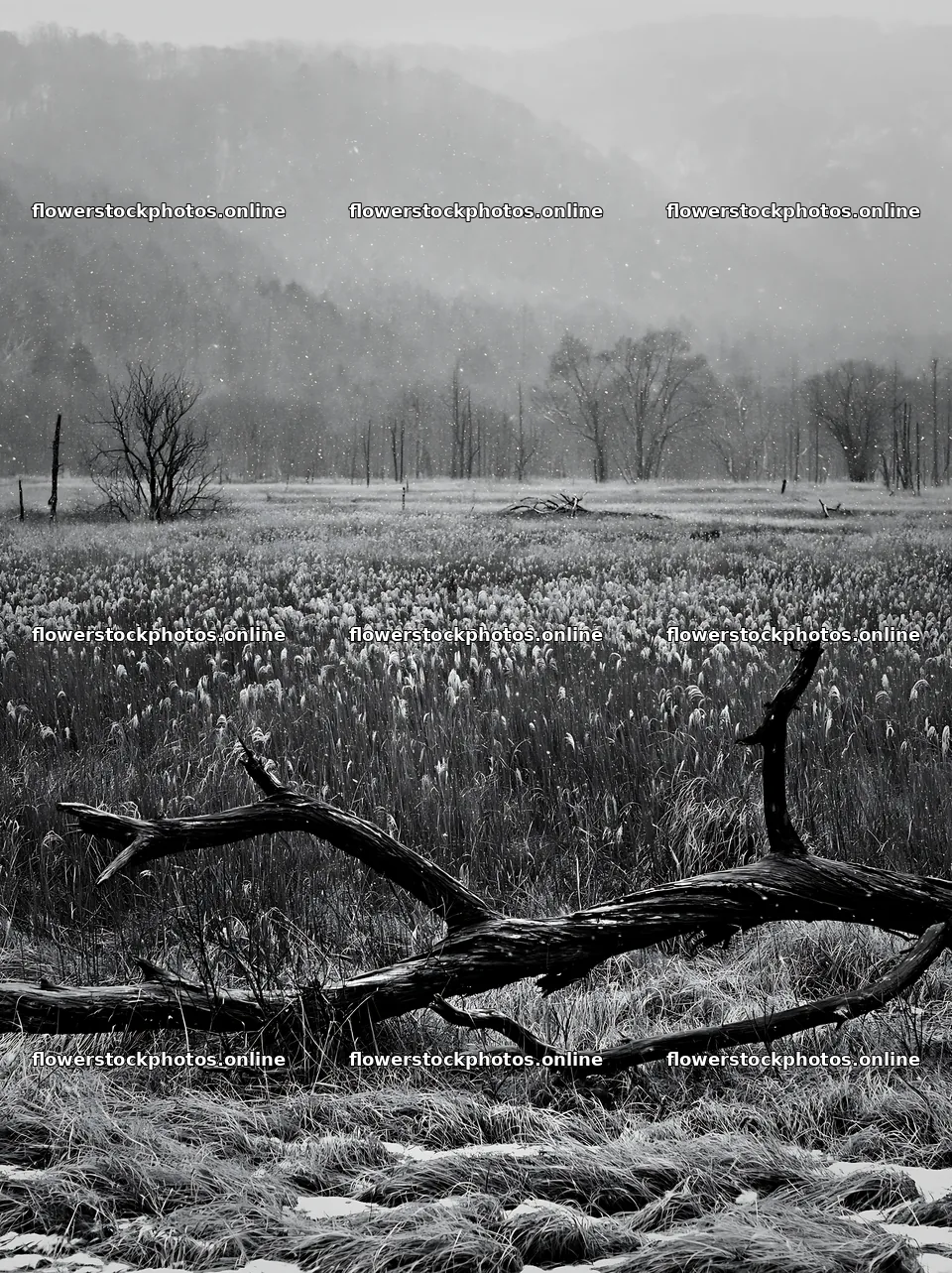 Yamagata rewilded meadow fallen branch foreground under gray sky – flower stock photos 6866x9174
