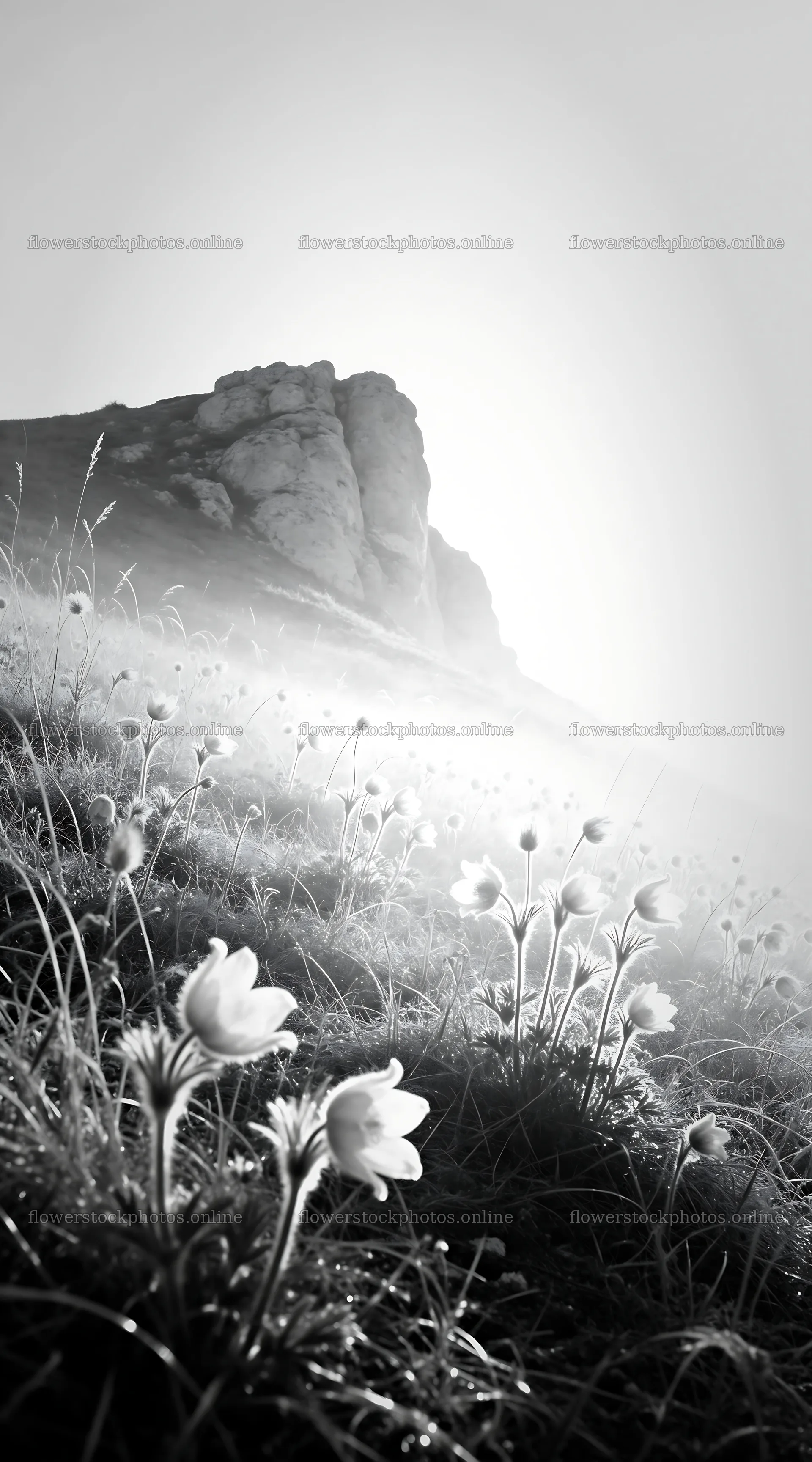 Sunny dry meadow with flowers and distant rocky hill – flower stock photos 5916x10648