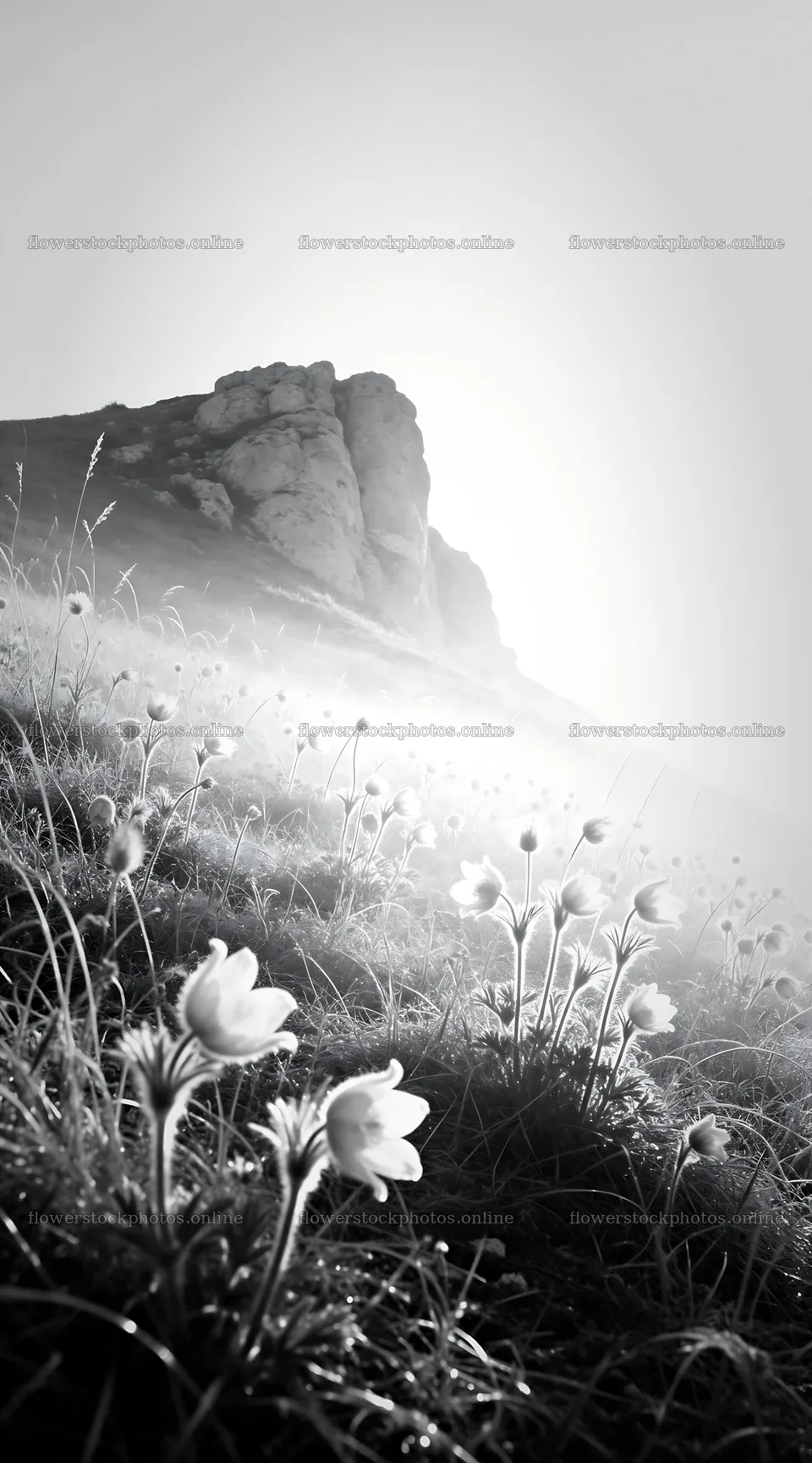Sunny dry meadow with flowers and distant rocky hill – flower stock photos 5916x10648