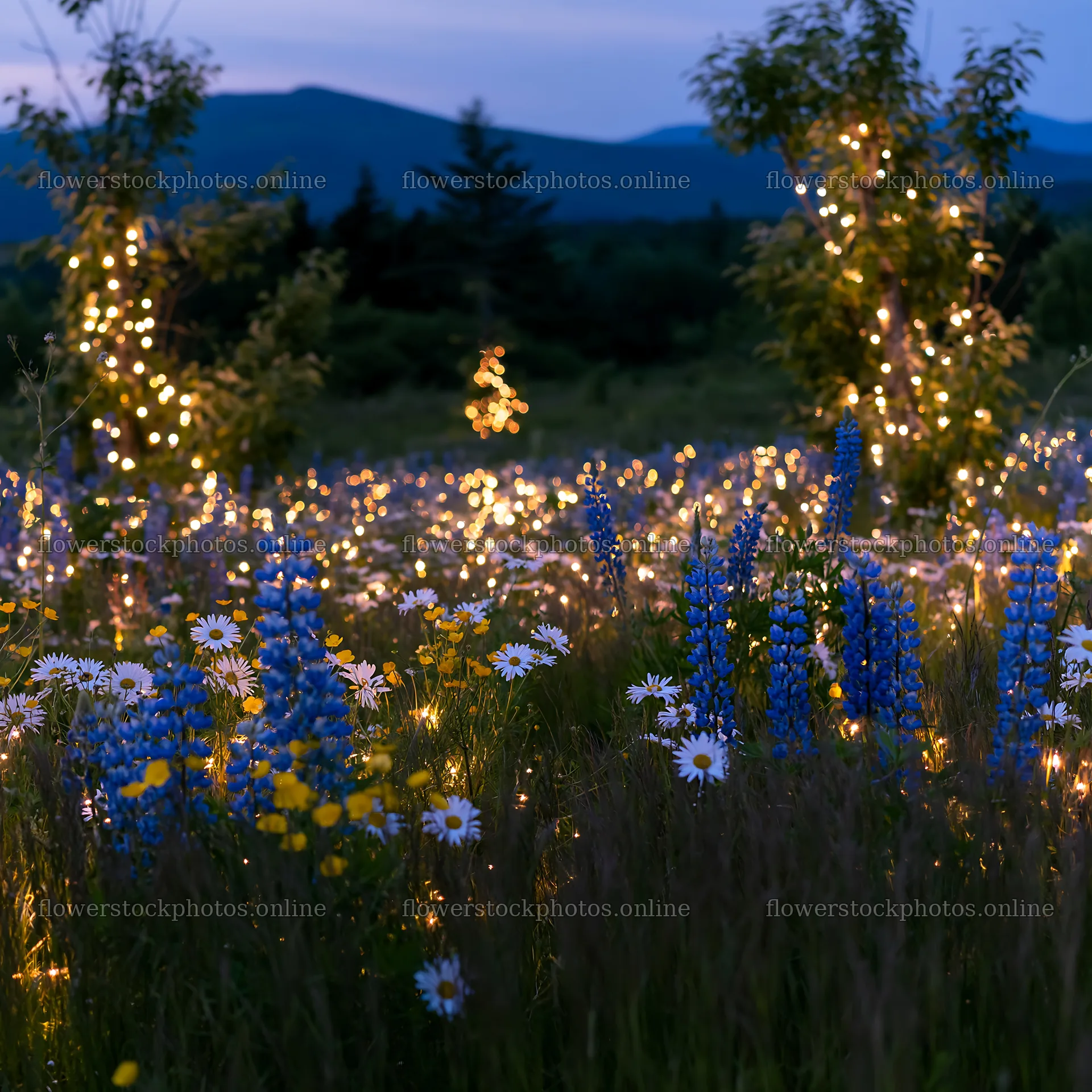 Vibrant meadow with Christmas lights at dusk – flower stock photos 7938x7938