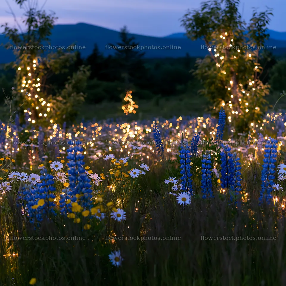 Vibrant meadow with Christmas lights at dusk – flower stock photos 7938x7938