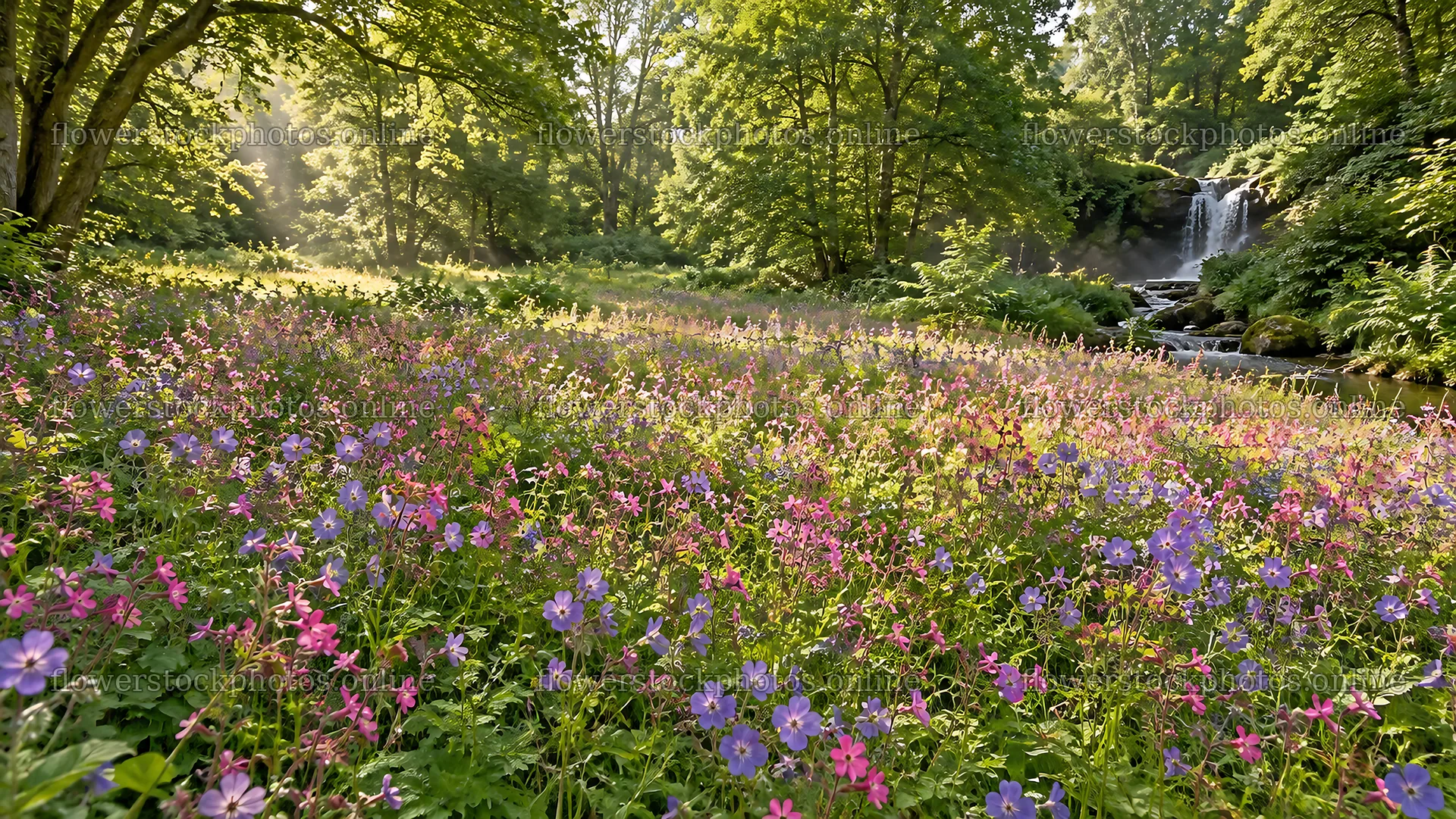 Sunbeams over a Flower-Filled Forest Clearing – flower stock photos 10324x5812