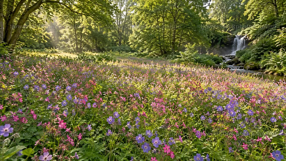 Sunbeams over a Flower-Filled Forest Clearing – flower stock photos 10324x5812