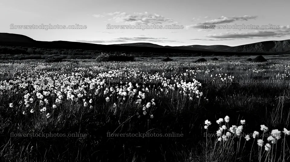 Cottongrass meadow glow at sunset with distant mountains – flower stock photos 10608x5938