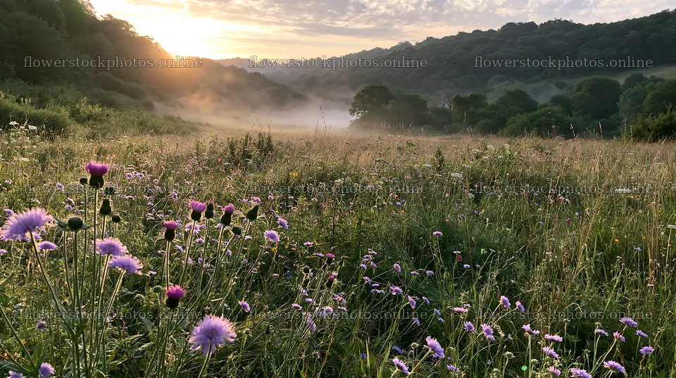 Meadow with knapweed at sunrise in a misty landscape – flower stock photos 10608x5938